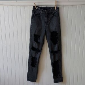 American Eagle Mom Jeans 00 Faded Black‎ Distressed Ripped High Rise Tapered